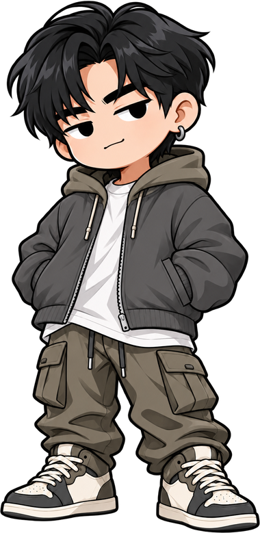 Japchae, with dark hair, a grey jacket and cargo pants.