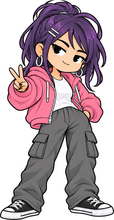 Mandu, with purple hair, a pink jacket and grey cargo pants, making a peace sign.